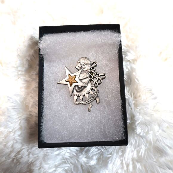Vintage Silver & Gold Tone Guardian Angel Christmas Star Lapel Pin - Picture 4 of 9